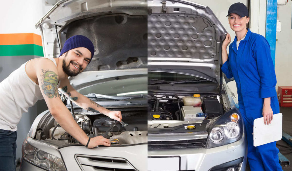 a mechanic working on the left and a technician doing diagnostics on the right